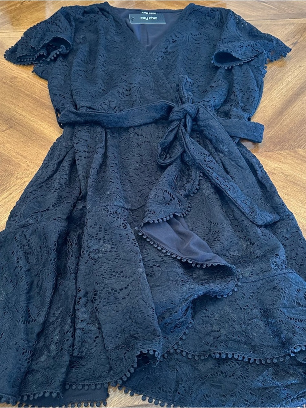 City Chic Sweet Lace Wrap Dress with Pom Pom Hem, Black, Plus Size, New